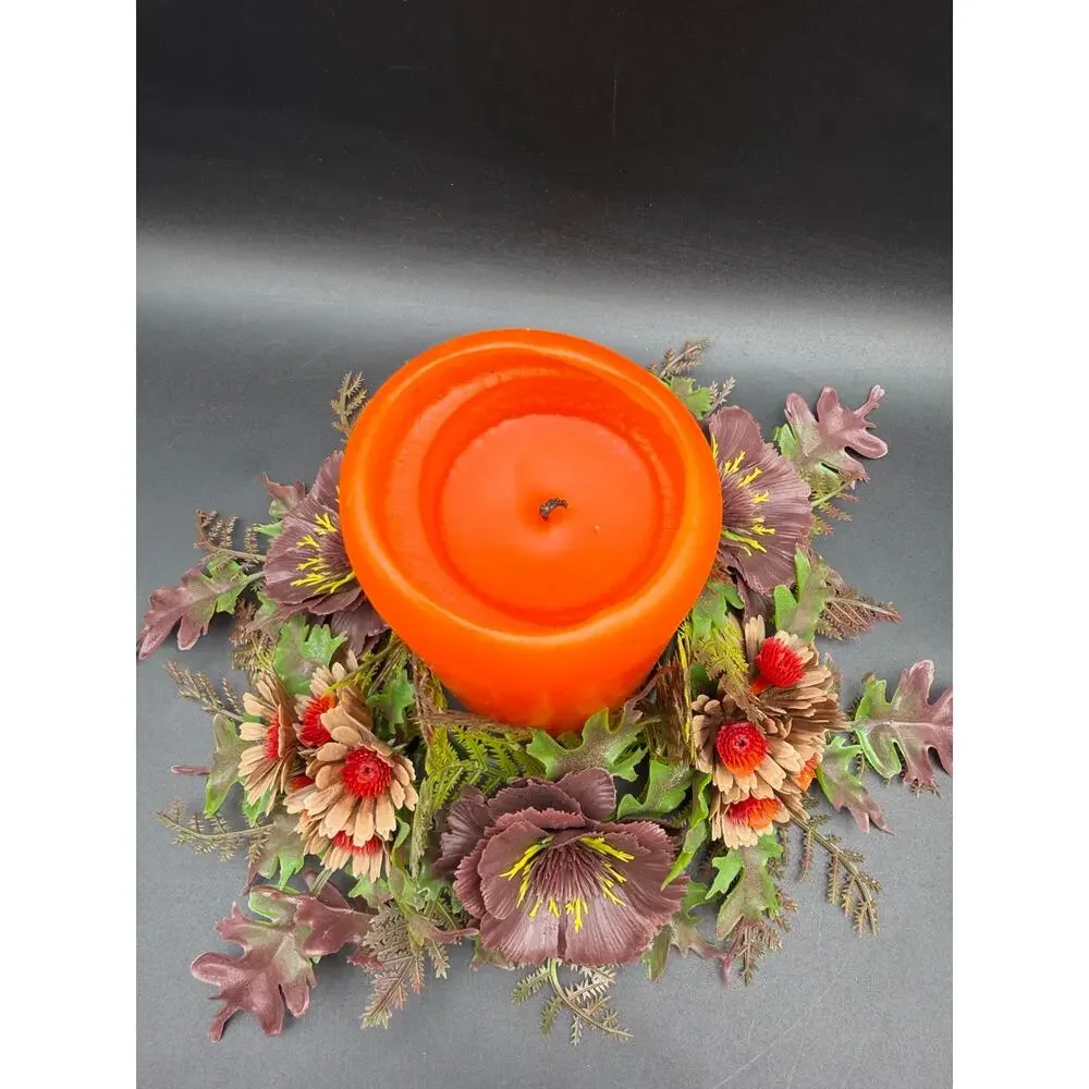 Vintage Fall Floral Centerpiece Orange Pillar Candle Thanksgiving Decor 10x6.5